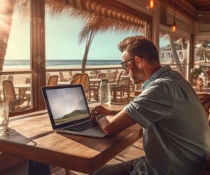 man laptop beach bar