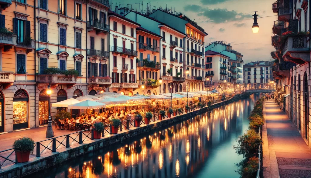 Vista panoramica serale dei navigli darsena di Milano, con edifici storici e moderni illuminati, riflessi sull’acqua e un’atmosfera vivace.