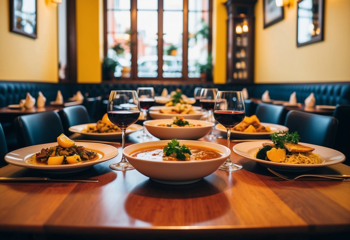 Un tavolo pieno di piatti tradizionali portoghesi in un accogliente ristorante di Lisbona