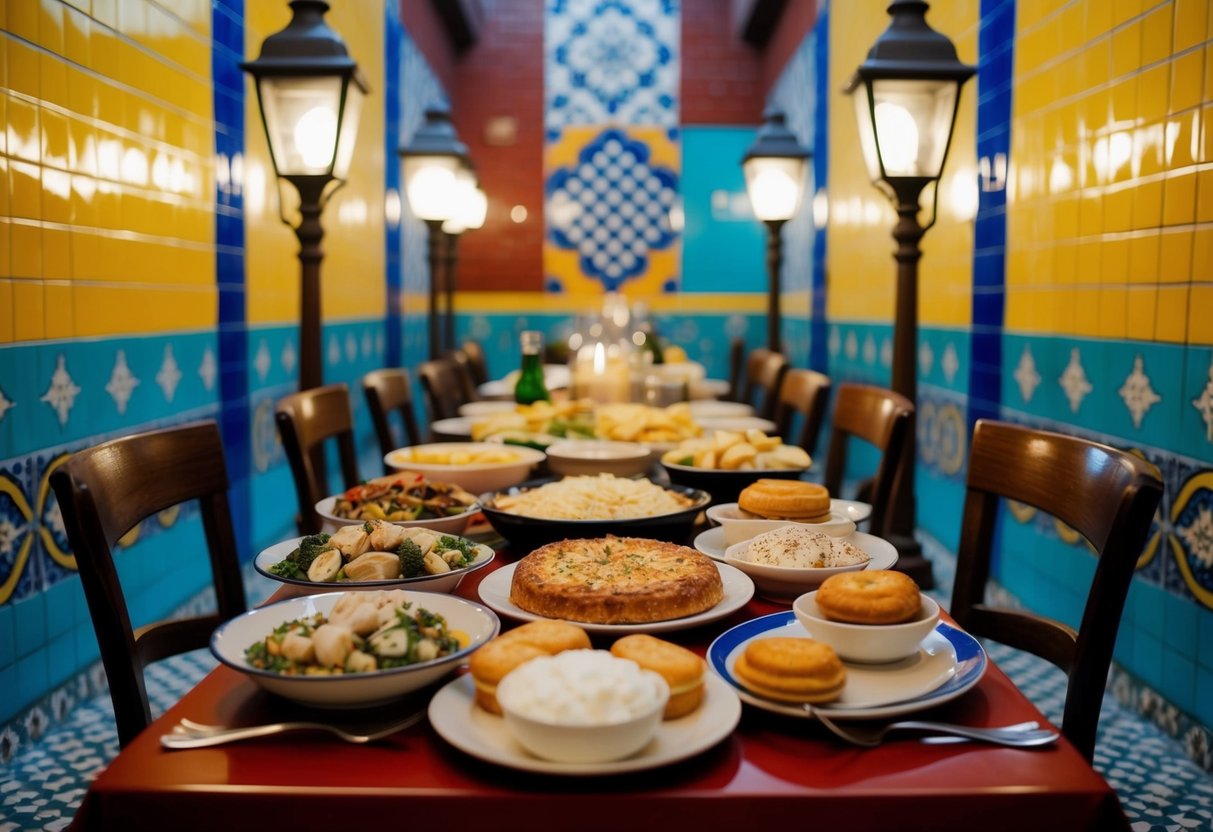 Un tavolo pieno di piatti tradizionali portoghesi, come bacalhau à brás e pastéis de nata, circondato da pareti piastrellate colorate e lampioni vintage.