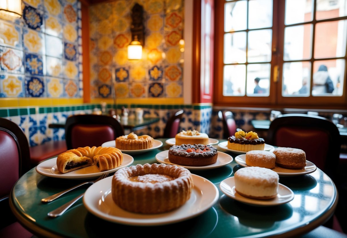 Un tavolo imbandito con dolci e dessert portoghesi tradizionali in un accogliente caffè di Lisbona, con pareti piastrellate colorate e una calda luce naturale che filtra attraverso le finestre.